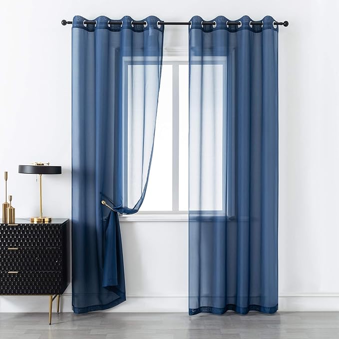 DUALIFE Navy Blue Curtains 96 Inches Long for Living Room Set of 2 Panels Grommet Window Coastal Dark Blue Sheer Curtains for Bedroom 52x96 Inch Length Indigo Blue