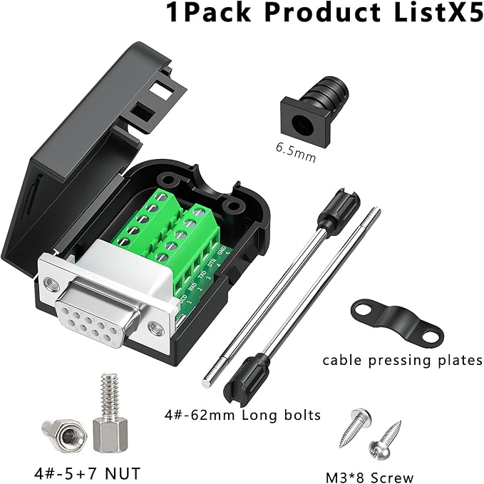5Packs DB9 Breakout Female D-SUB 9-pin RS232 RS485 Serial Adapter to Terminal Connector Signal Module with Bolts Nuts and Screwdriver