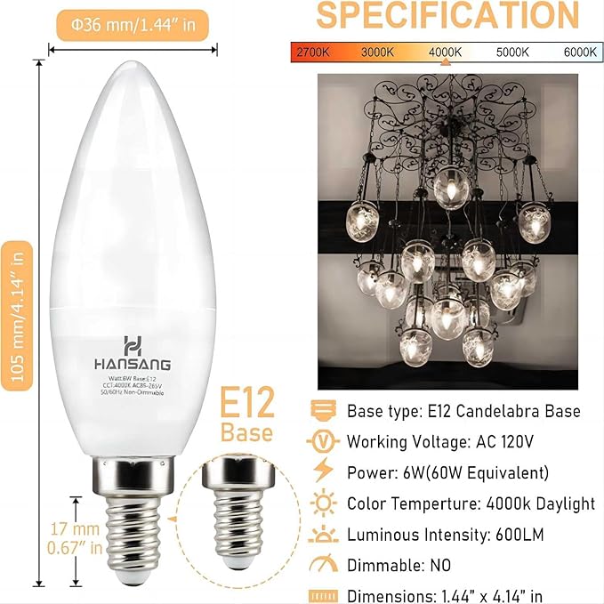 hansang 8 Pack E12 Candelabra LED Light Bulbs 4000K Natural Daylight, Small Base Type B Light Bulb for Chandelier, 6W 60Watt Equivalent, B11 Ceiling Fan Light Bulbs, 600LM, Non-dimmable