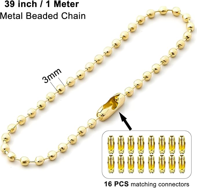 4 Pack Ceiling Fan Pull Chain Extender,Each Chain Length 39-inch(1 Meter) with 16 Connectors,Standard 3 mm Diameter Beaded Ball, Fit for Ceiling Fans and Light Fixtures Factory Pull,Golden