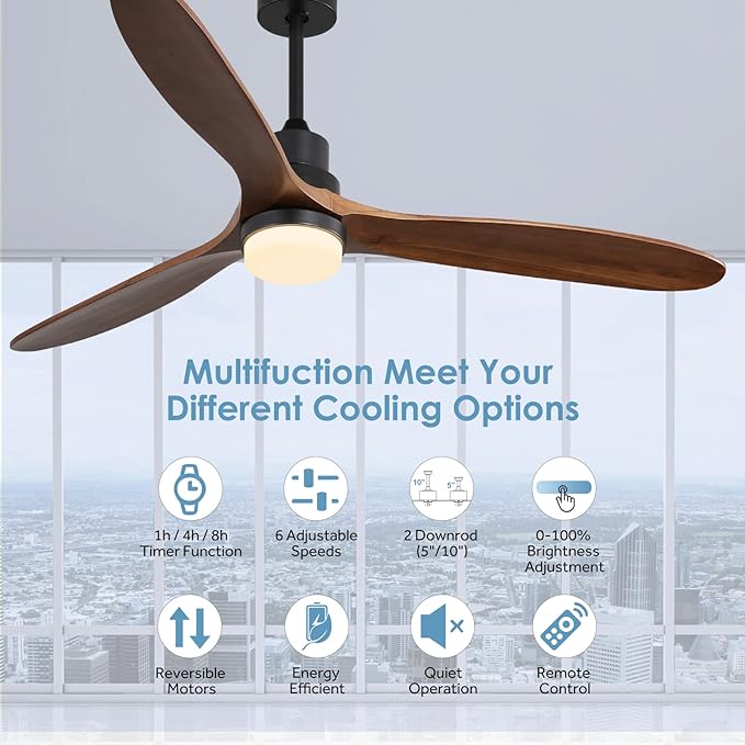 Sofucor Ceiling Fan with Lights, 60 Inch Low Profile Flush Mount Mordern Wood Ceiling Fan with Remote for Indoor Farmhouse Bedroom Living Room Outdoor Patio Porch, Reversible DC Motor, Noiseless