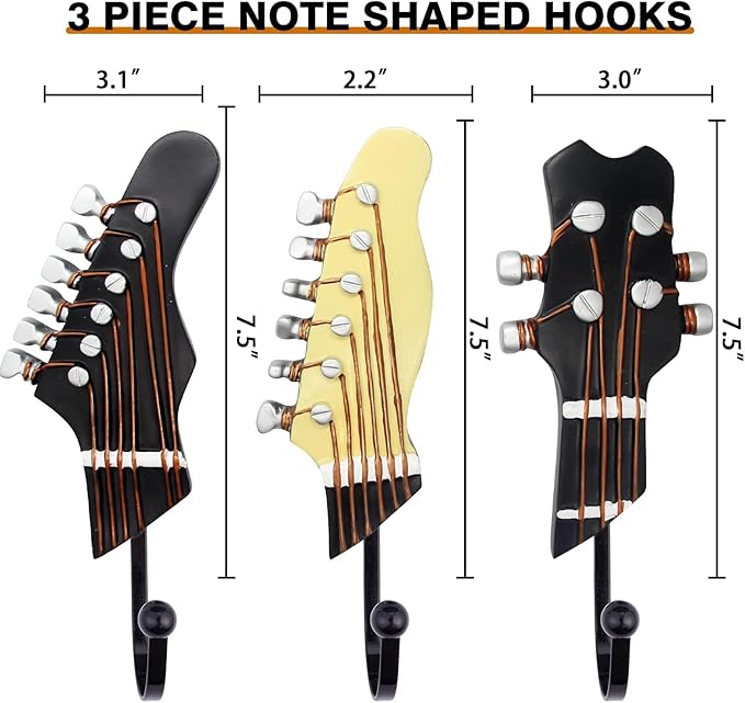 KUNGYO Vintage Guitar Shaped Decorative Hooks Rack Hangers for Hanging Clothes Coats Towels Keys Hats Metal Resin Hooks Wall Mounted Heavy Duty (3-Pack) (Guitar Hook-A)
