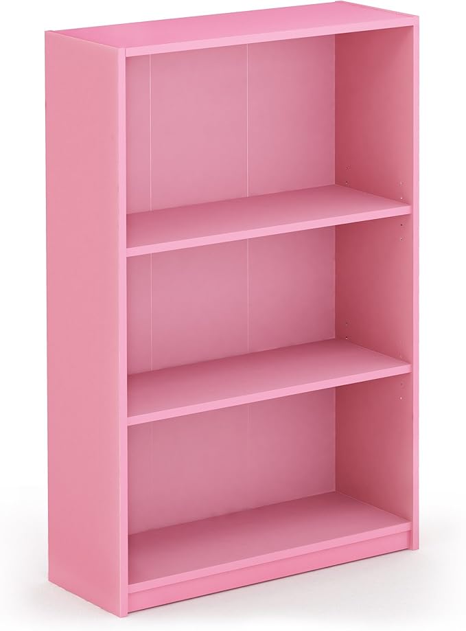 Furinno JAYA Book Shelf, 3-Tier Bookshelf, Bookcase with Adjustable Shelves, 9.5 x 24.5 x 40.3, for Living Room, Bedroom, Home Office, Pink