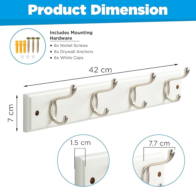 GlazieVault Coat Hooks Wall Mounted - MDF Board Nickel Hook Coat Rack(2 Pack) - Heavy Duty White -Coat Hooks for Wall Clothes Hooks and Wall Hooks