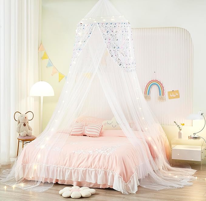 Unicorn Bed Canopy with Lights, Tent for Girls Room Decor, Twin to King Size Beds