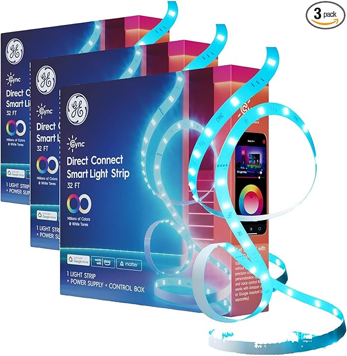Cync GE Smart LED Strip Light, Color Changing Room Decor LED Light Strip, Works with Alexa and Google Home, Lights for Bedroom, Millions of Colors and White Tones, 32 Feet| (Pack of 3)