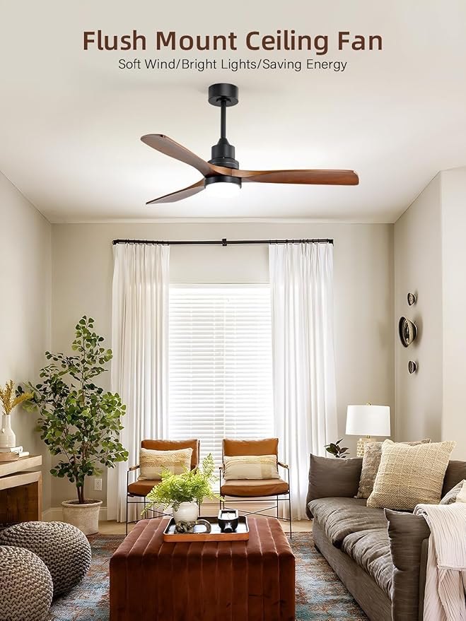Sofucor 52 Inch Smart Ceiling Fans with Lights and Alexa/Google Assistant/APP/Remote Control-Modern Solid Wood Outdoor Walnut 3 Blades Ceiling Fan for Bedroom Living Room Farmhouse Patio, Brown Black