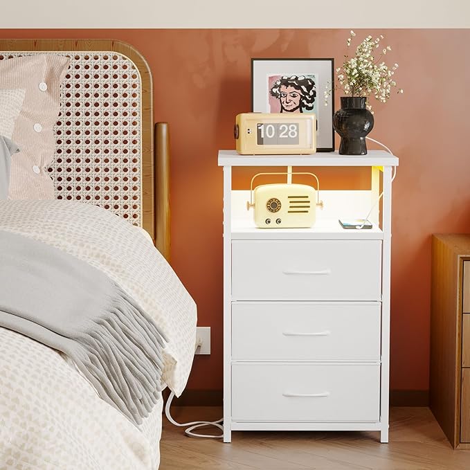 Fixwal White Nightstand with Charging Station, LED Night Stand with 3 Fabric Drawers and Open Shelf, Bedside End Table in Living Room