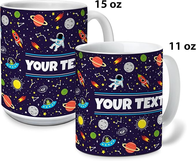 Personalized Mug for Kids - Outer Space - Custom Name/Text, Ceramic Hot Chocolate/Cocoa/Coffee Cup for Boys/Girls, Birthday/Christmas/Holiday Gift - 15 oz, Black Handle