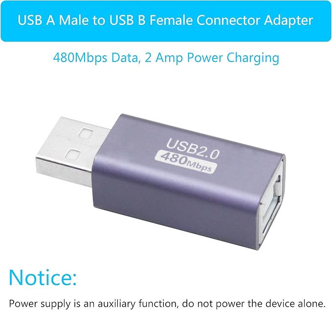 4Pcs USB 2.0 B Type Connector Adapter, USB A Male to USB B (MIDI) Female Power and Data Extension Adapter, Aluminum Alloy Housing, for Electronic Piano, Printer, Scanner etc.