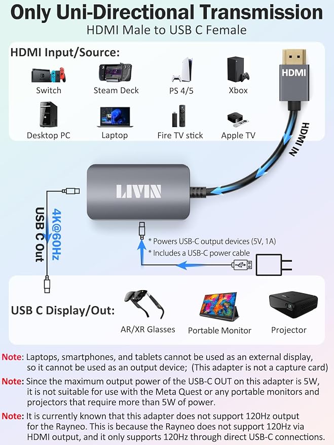 HDMI to USB C Adapter (4K@60Hz) Portable Monitor, AR Glasses XREAL One、Air 2 Pro/VITURE Pro/RayNeo Air 2s/Rokid, HDMI Male(Source) to USB C Female(Display) Laptop,Switch,ROG Ally,Steam Deck,PS4/5,Xbox