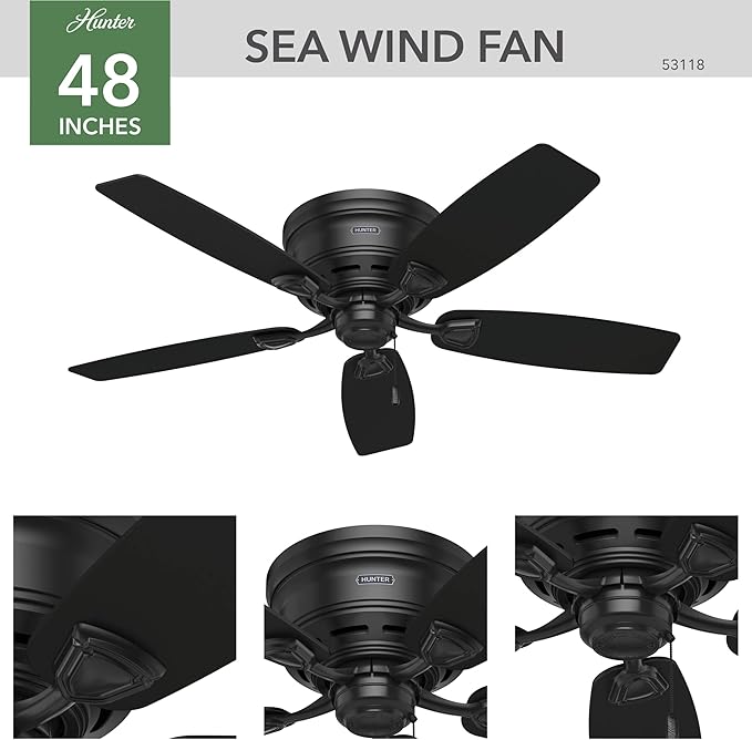 Hunter 48 inch Outdoor or Indoor Ceiling Fan No Light - Low Profile Mount, Black Ceiling Fan without Light, For Patio, Porch, Garage, or Living Room, 5 Blades, Pull Chain - Sea Wind 53118, Matte Black