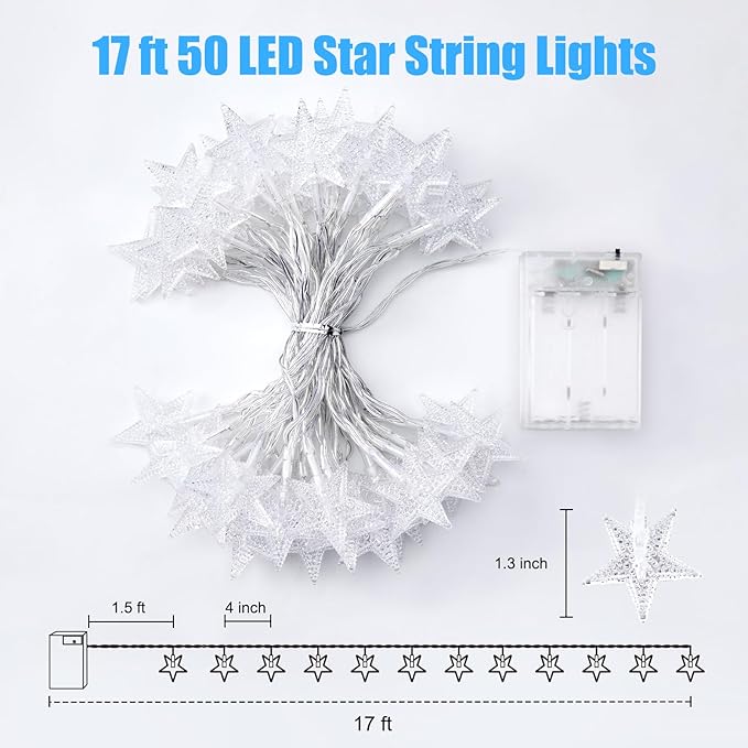 Minetom Star String Lights Battery Operated - 17 ft 50 LED Star Fairy String Lights with Timer, Waterproof for Indoor Bedroom Tent Loft Bed Patio Party Wedding Decor, White