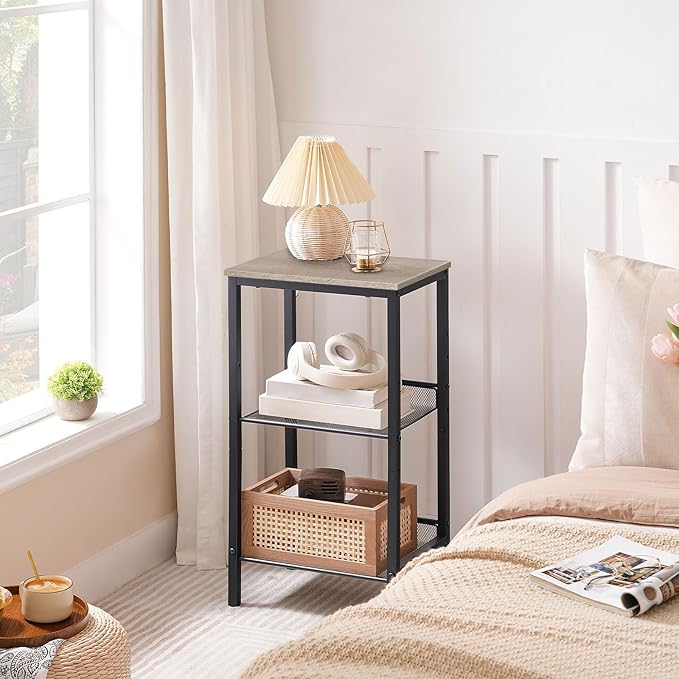 HOOBRO Side Table, 3-Tier Tall End Telephone Table with Adjustable Mesh Shelves, Small Entryway Stand for Living Room Bedroom Hallway or Office, Greige and Black BG01DH01G1