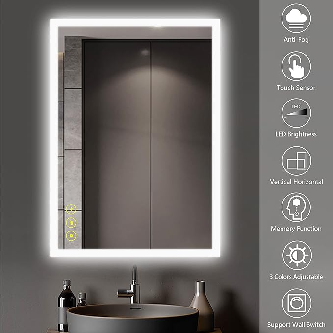 Wall-Mounted LED Square Bathroom Mirror, Makeup Mirror (36 inches x 24 inches,) 3 Color Stepless Dimmable Memory Bathroom Vanity Mirror with Lights CRI90+ 3000-6400K Smart Mirror with Touch