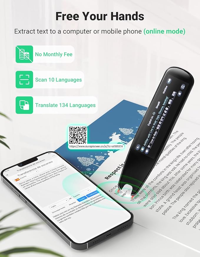 SVANTTO S2 Reader Translator Pen Scanner, Text to Speech Device for Dyslexia, OCR Digital Highlighter Pen, Exam, Bluetooth Langage Translator, No Monthly Fee（Black）