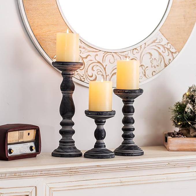 Wood Pillar Candle Holder: 3Pcs Rustic Candle Holders for Pillar Candles Wood Candle Holders Distressed Wooden Farmhouse Large Candle Holder for Fireplace Table (Black, 6", 8", 12")