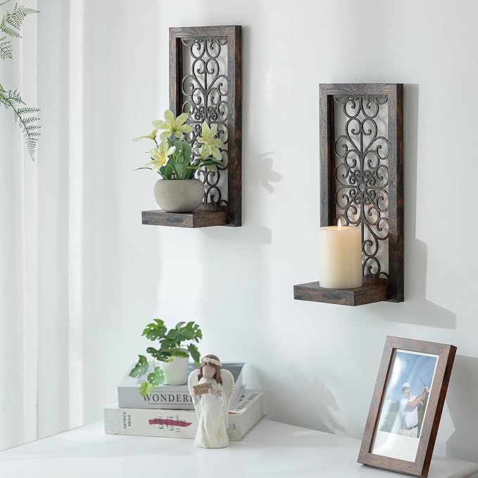 Farmhouse Wall Candle Holder Decor: Rustic Candle Sconces Set of Two for Pillar Candles - Brown Wooden Shelving for Fireplace Bathroom Hallway