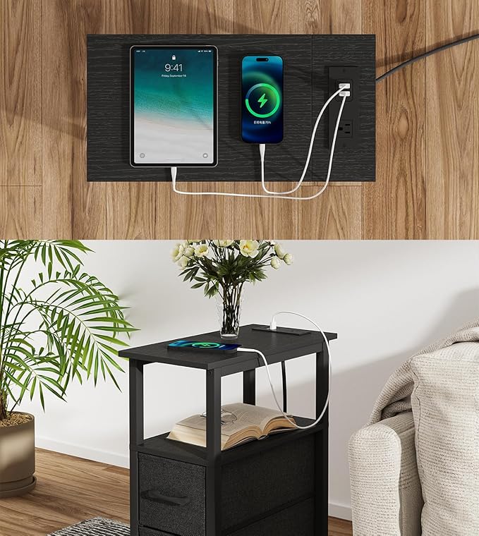 2 Set Narrow Side Table for Small Spaces, Skinny End Table with Charging Station, Sofa Beside Table with 2 Fabric Drawers and 1 Open Compartment, Slim Nightstand with USB Ports Outlet, Black UTBT004B