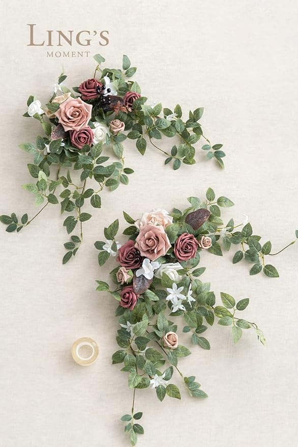 Ling's moment 2PCS Artificial Floral Swags Centerpieces Wedding Flower Rose Garland Greenery Arrangements for Sweetheart/Head Table Decor Wedding Car Wall Arch Garden Decor | Dusty Rose & Mauve