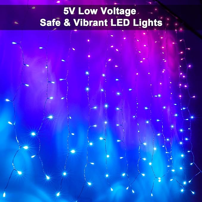 Pink Purple & Blue Ombre Fairy Curtain Lights with Dimmer Switch, Ombre Rainbow LED Icicle String Curtain Lights for Girls Room, Bedroom, Teen Room, Kids Room, Wedding, Christmas Gift, Mermaid Décor