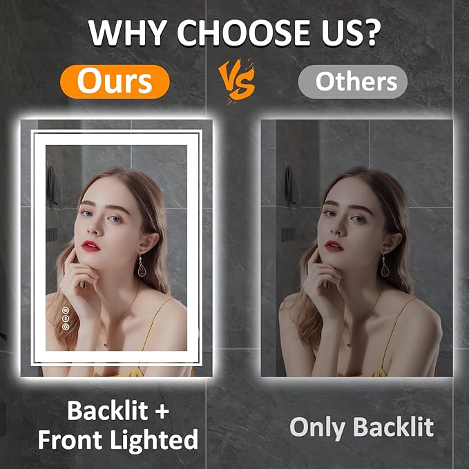 28" x 20" LED Bathroom Mirror with Lights, Front and Backlit Mirror, Anti-Fog Lighted Vanity Mirror, Stepless Dimmable, 3 Colors LED Mirror (Horizontal/Vertical)