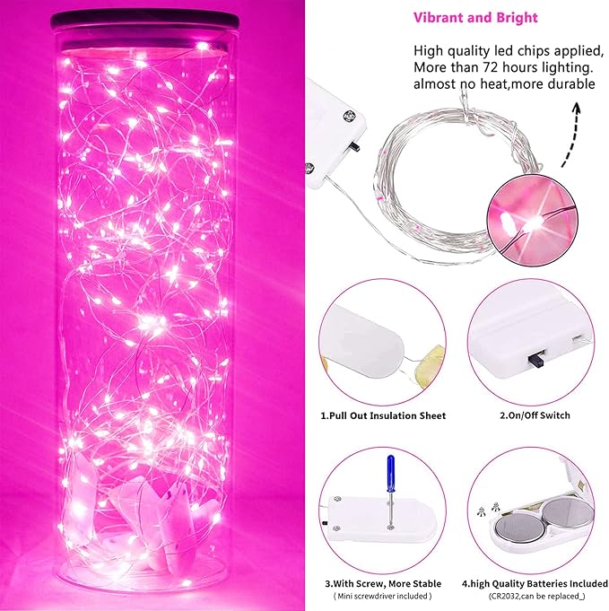 15 Packs 20 Led Pink Fairy String Lights Battery Operated 6.6ft Silver Wire Firefly Starry Lights Waterproof for Bedroom DIY Table Bottle Wedding Valentine's Day Party Decor
