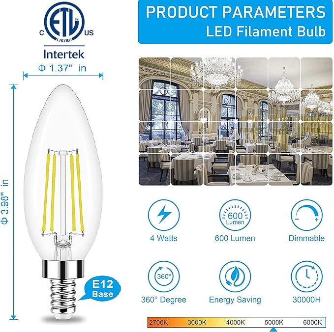 Honesorn Candelabra LED Bulb, E12 Small Light Bulbs 5000K Daylight Dimmable - 60W Equivalent Ceiling Fan Bulbs Type B Edison Filament Candle Bulbs, C35 B11 Clear Glass Chandelier Bulbs 600LM,Pack of 6
