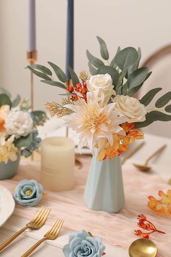 Artificial Flowers Combo Fake Silk Flowers Fall Bouquets for DIY Wedding Bouquets Centerpieces Party Baby Shower Home Decorations (Blue White)