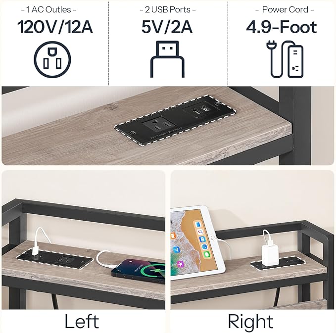 HOOBRO Queen Size Headboard, Headboard with 2 Outlets and 4 USB Ports, Adjustable Height, Storage Rack, Sturdy and Stable, Easy Assembly, Greige and Black