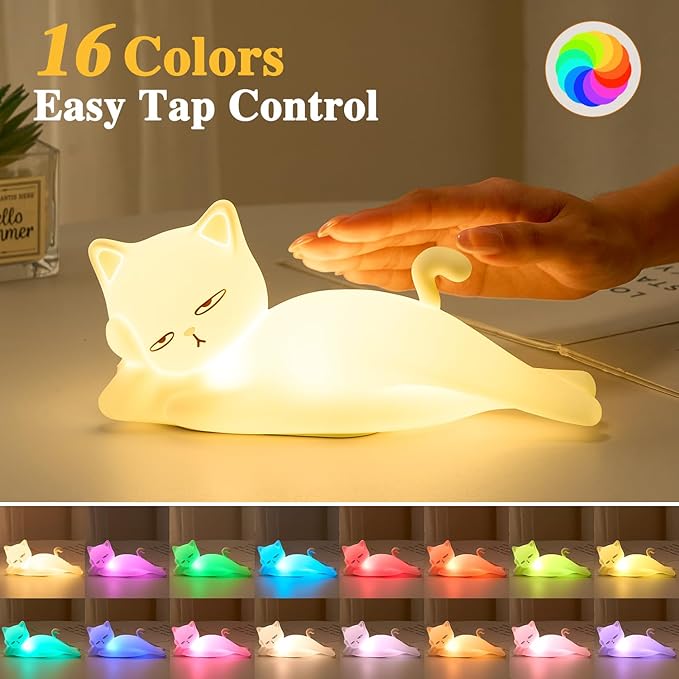 Lying Flat Cat Lamp Cat Gifts, 16 Colors+5 Dimming+Silicone Cute Lamp, Touch+Remote Control+Rechargeable Night Light for Kids, Fun & Cool Weird Stuff Random Stuff, White Elephant Gifts for Adults/Kids