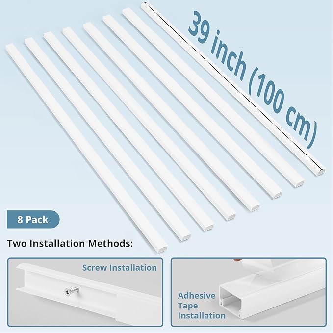 Cord Covers for Wires on Wall Extra-Long, 26.25ft TV Cord Hider Kit, Paintable Cable Management Concealer, TV Wire Hider for Wall, White Cord Raceway Channel, 8 x L39in x W0.95in x H0.55in