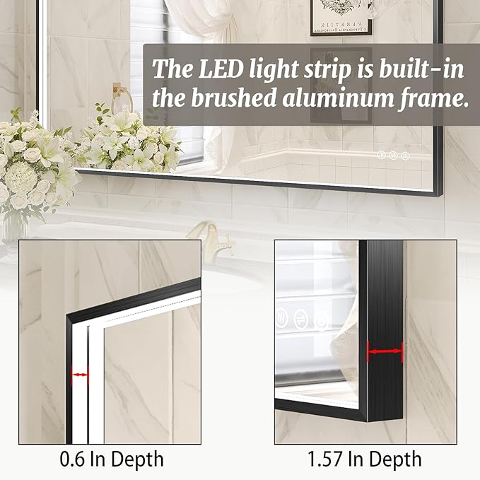 36x36 Inch LED Bathroom Mirror, Black Metal Framed Lighted Mirror for Bathroom, Wall Mouted LED Vanity Mirror with Lights, 3 Colors and Stepless Dimmable, Anti-Fog, Memory