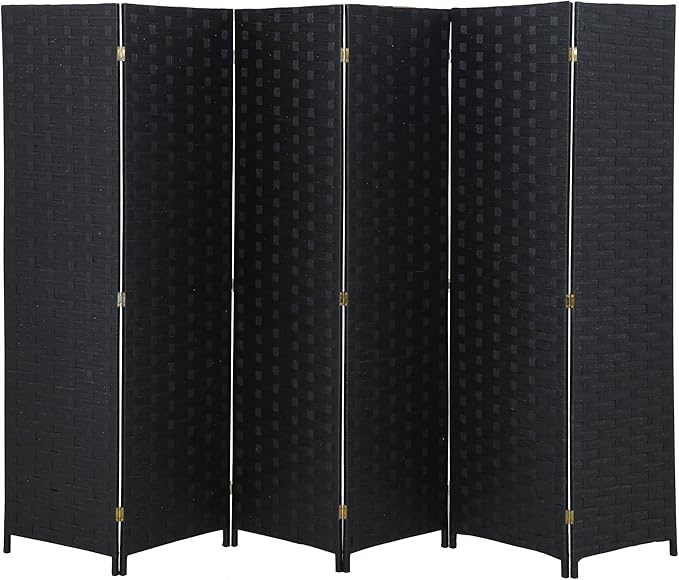 FDW Room Divider 6 Panels Wood Mesh Hand-Woven Design Indoor Folding Portable Partition Screen, Coal Black