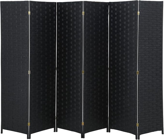FDW Room Divider 6 Panels Wood Mesh Hand-Woven Design Indoor Folding Portable Partition Screen, Coal Black