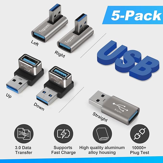 Angle USB 3.0 Adapter 10 Pack, Multiple Angles(UP/Down/Left/Right/Straight),USB A Male to Female Connector Converter USB L Shape Extender, Support Charge & Data Sync for PC, Laptop, Mouse, Keyboard