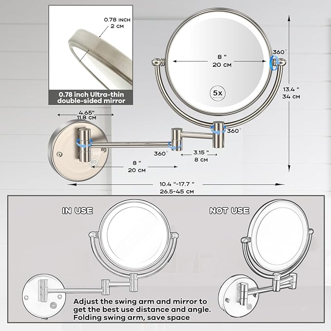 Premium 8" Brass Lighted Wall Mount Makeup Mirror with Magnification, 1X/5X Double-Sided Adjustable Bathroom Wall-Mounted Mirrors Swing Arm, Touch Dimming, Brushed Nickel Finish, Hard Wired