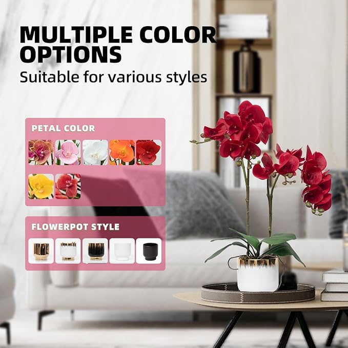 CXGS Orchids Artificial Flowers Real Touch Fake Flowers in Ceramic Pot 20" Red Faux Orchid Plant Lifelike Silk Phalaenopsis for Centerpiece Hotel Home Indoor Decor