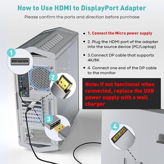 HDMI to DisplayPort Adapter (4K 60Hz,1080p 120Hz) Uni-Directional Only, HDMI (Source) to DP (Display) Converter Male to Female for Laptop,AMD,NVIDIA,PS5,Xbox and More - 1 Pack