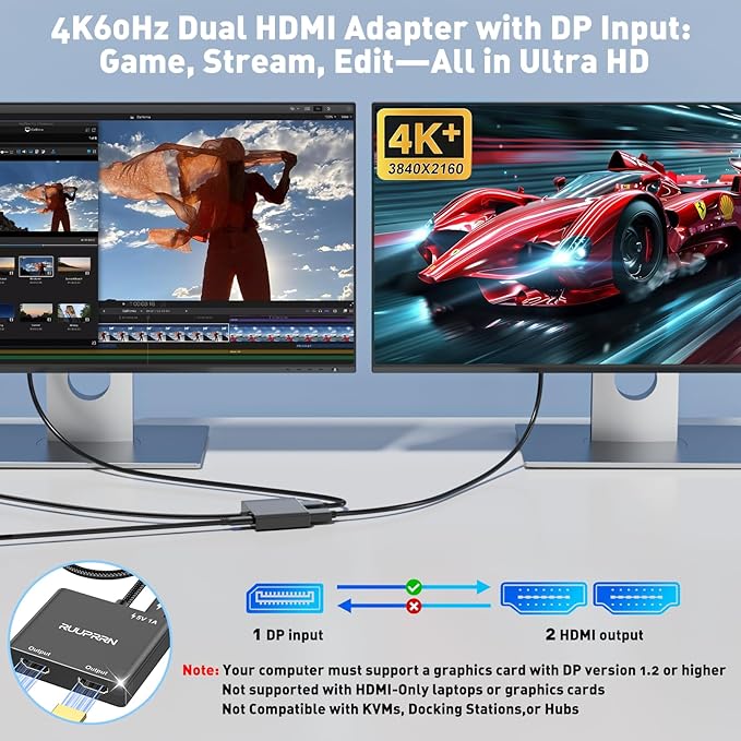 4K@60Hz DisplayPort to Dual HDMI Adapter, DP 1.4 Source to HDMI 2.0 Splitter for Dual Monitors, Display Port to HDMI Splitter 1 in 2 Out Extended Display, for PC,NVIDIA, AMD Graphic Card