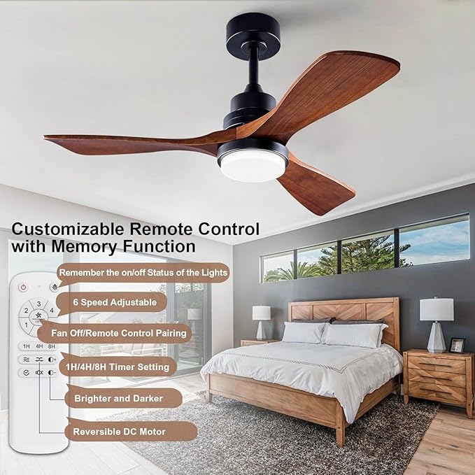BOJUE 42 Inch Black Ceiling Fans with Lights and Remote,Dimmable LED Light,Quite Reversible DC Motor,Memory Function,Modern Solid Wood Indoor Outdoor Ceiling Fan with Light for Office Patios