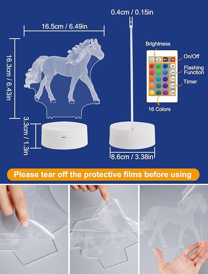 FULLOSUN Horse Gifts for Girl, Horse 3D Night Lights for Kids Illusion Lamp 16 Colors Changing with Remote Birthday Gifts for Child Baby Boy and Girl