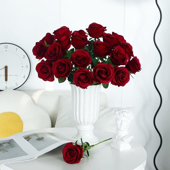 Ouddy Decor 20 Pcs Red Roses Artificial Silk Flowers Fake Roses Bouquet with Long Stems for Valentines Day Decor Wedding Home Party Table Centerpieces Bridal Bouquet DIY Floral Arrangment, Wine Red
