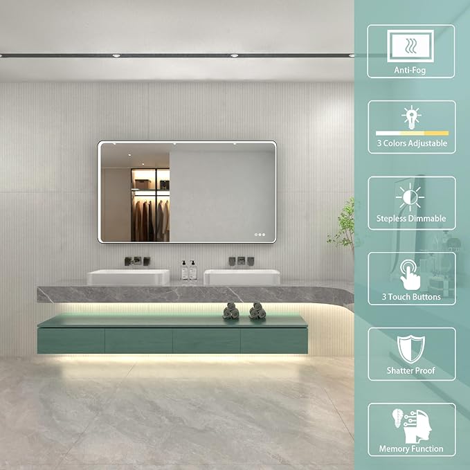 55x32 Inch LED Bathroom Mirror with Lights, Black Metal Framed LED Mirror for Bathroom, 3 Colors and Stepless Dimmable Wall Mounted Lighted Bathroom Vanity Mirror, Anti-Fog, Memory