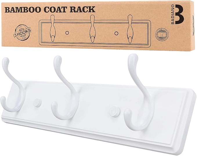 Wooden Coat Rack, Wall-Mounted Organizer for Closet, Entryway, Hallway, Foyer, Bedroom, Heavy Duty Double Hooks for Hanging Towels, Bags, Hats, Jackets, Key (White, 3 Hooks)