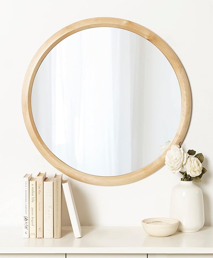 Kate and Laurel Pao Modern Round Wood Wall Mirror; 28; Natural Wood; Decorative Scandinavian Circle Mirror for Robust Wall Decor
