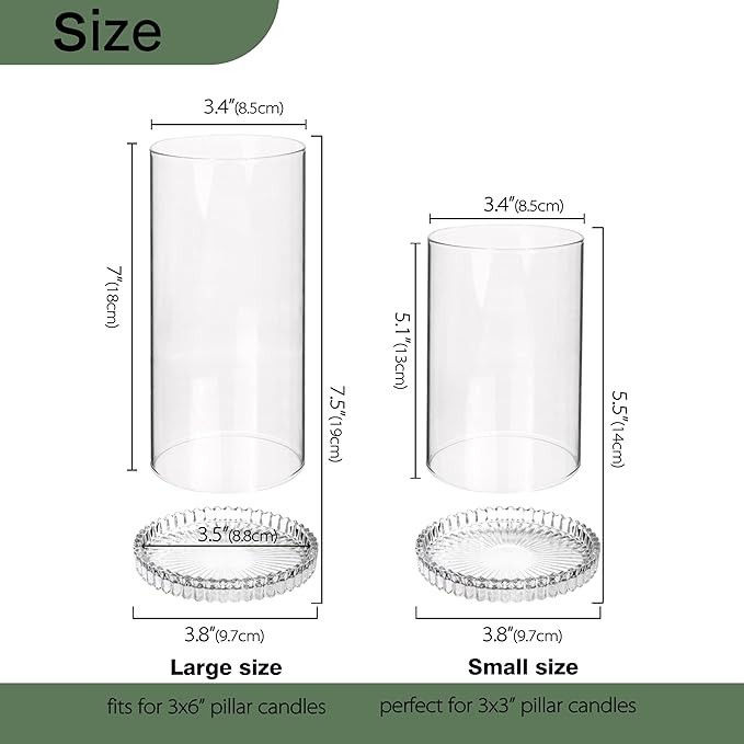 Vixdonos Hurricane Glass Candle Holders Set Pack 2 Serrated Round Candle Stand for Pillar Candles Modern CandleHolders with 5.1" 7.1" Tall Cylinder Chimney Cover for Outdoor Wedding Decor
