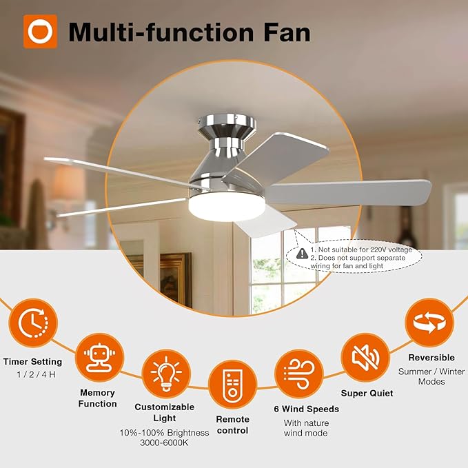 addlon Ceiling Fans with Lights, 42 Inch Low Profile Ceiling Fan with Light And Remote Control, Flush Mount, Reversible, 3CCT, Dimmable, Quiet, Nickel Small Ceiling Fan for Bedroom Indoor/Outdoor Use