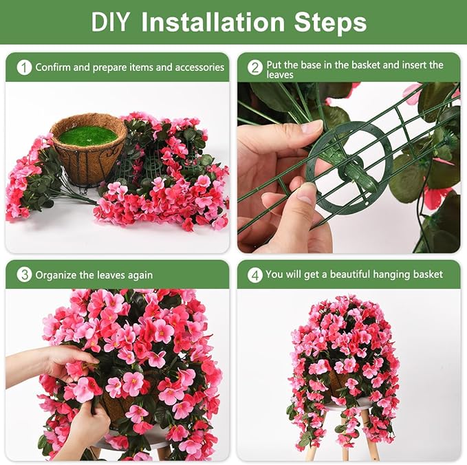 INQCMY Artificial Hanging Flowers Basket for Outdoors Spring Summer Decoration,Faux Silk Begonia in Planter Look Real UV Resistant for Outside Home Porch Patio Garden Balcony Yard Decor（Deep Pink）