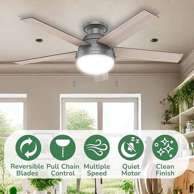 Hunter 46 inch Indoor Ceiling Fan with LED Light - Ceiling Fan with Pull Chain, For Bedroom, Living Room, or Kitchen, Low Profile Mount, No Remote, 5 Blades - Anslee 59270, Matte Silver